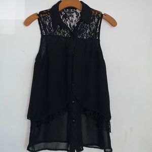 Rachael & Chloe Black Sleeveless Cheer Lace Layered Button Down Shirt Tunic S